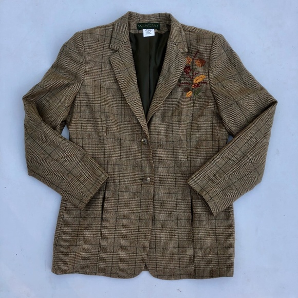 Vintage Harve Bernard Embroidered Fall Leaves Plaid Wool Blazer - Picture 1 of 6